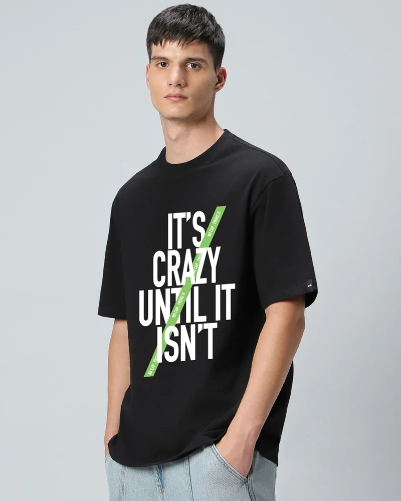 bewakoof Men's Jet Black It's Crazy Typography Oversized T-shirt